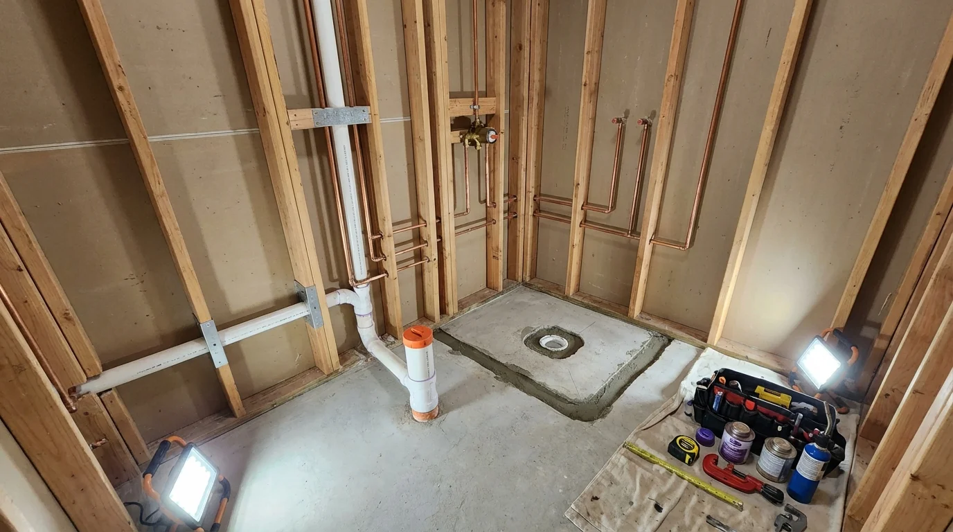 Bathroom rough-in plumbing during remodel by Johns Plumbing LLC in Burbank