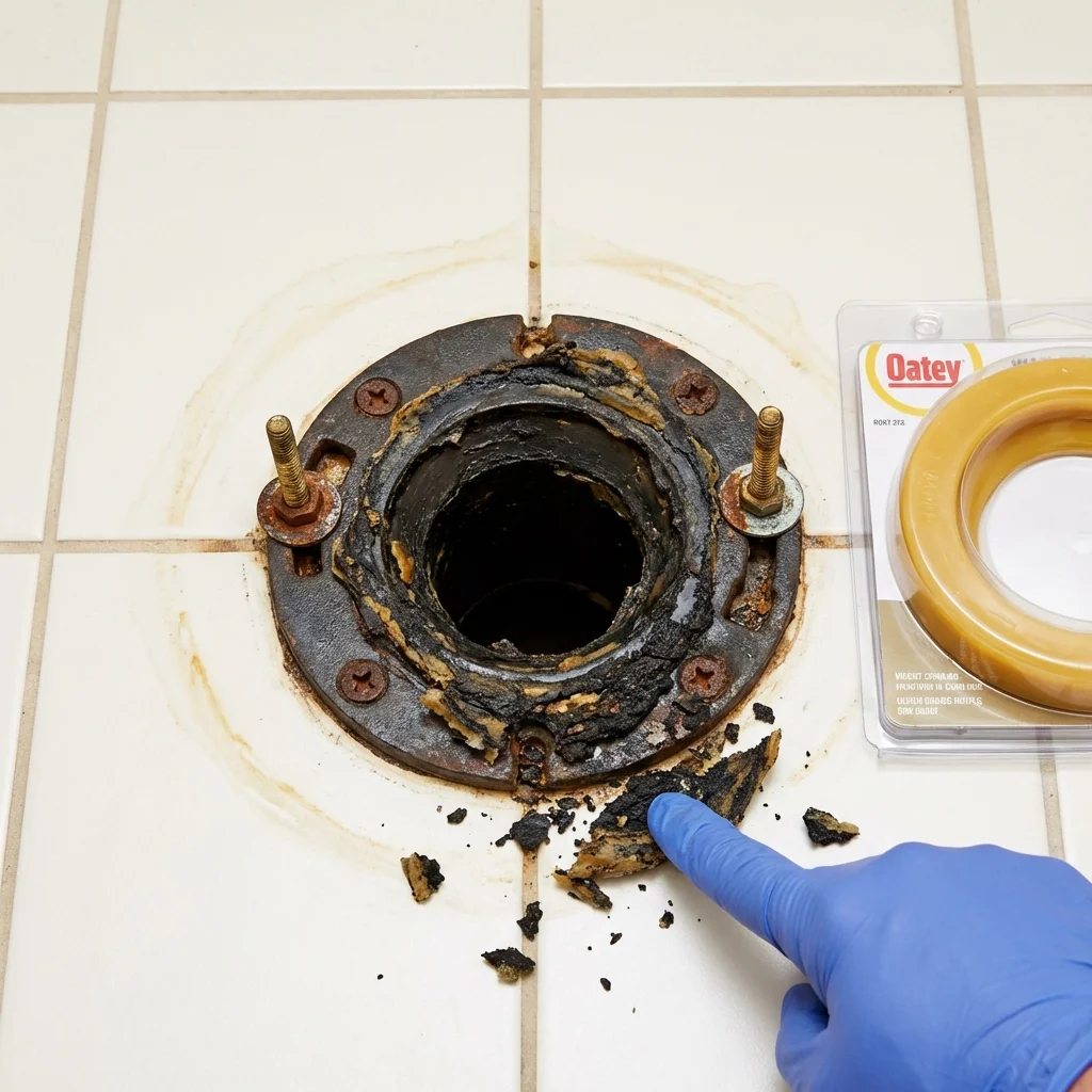 Failed wax ring showing water seepage at the base of a toilet in a Burbank, WA home